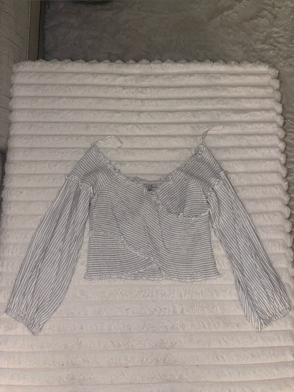 Guess Women's Cropped Smocked Top in Ivory with Black Pinstripes